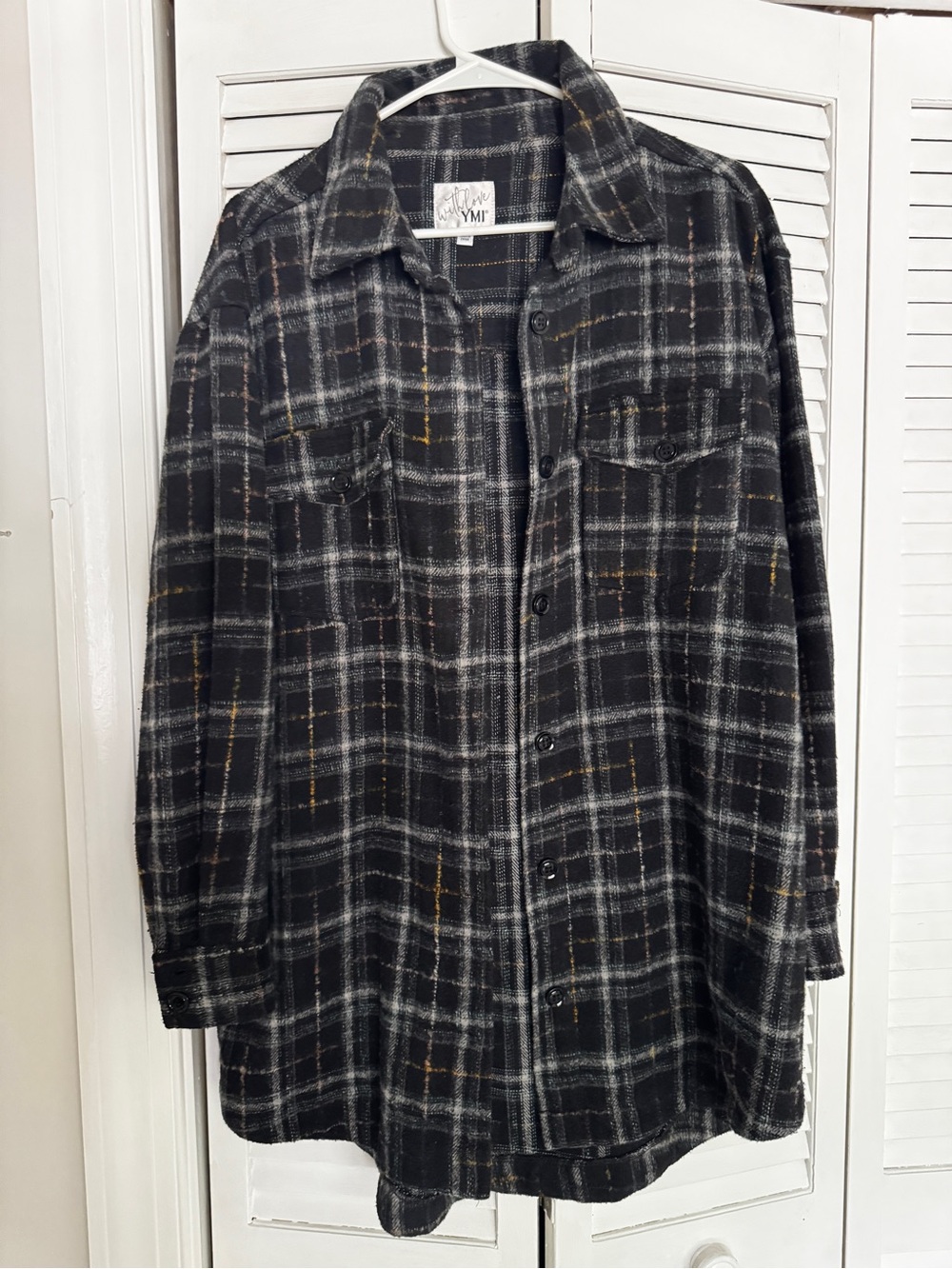 YMI Black & Gray Plaid Utility Shacket with Brown Accents